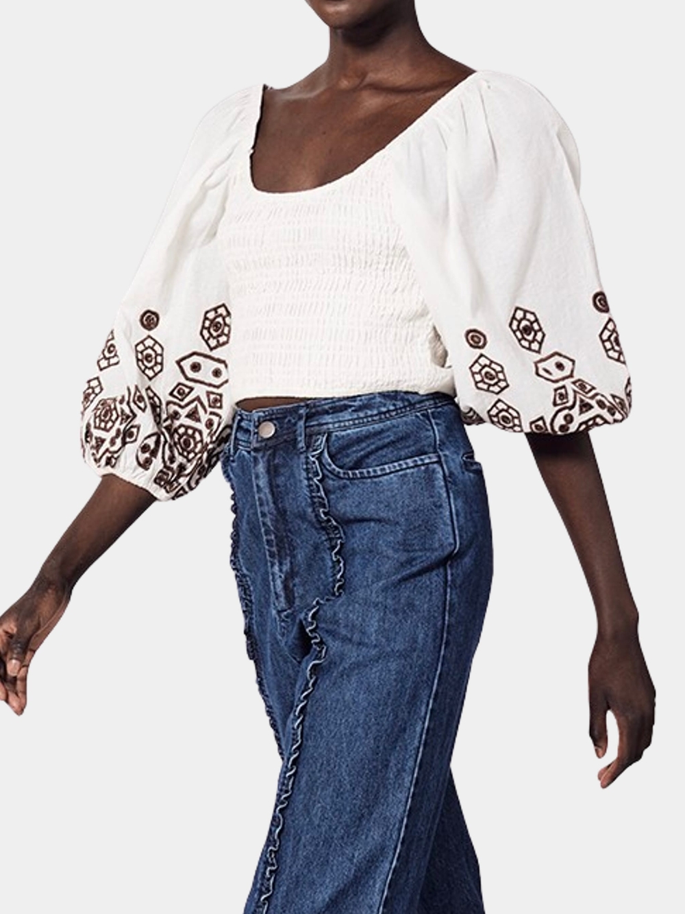 Cleobella Edie Blouse White Women's Size S Smocked Puff Sleeve Crop Boho Hippie